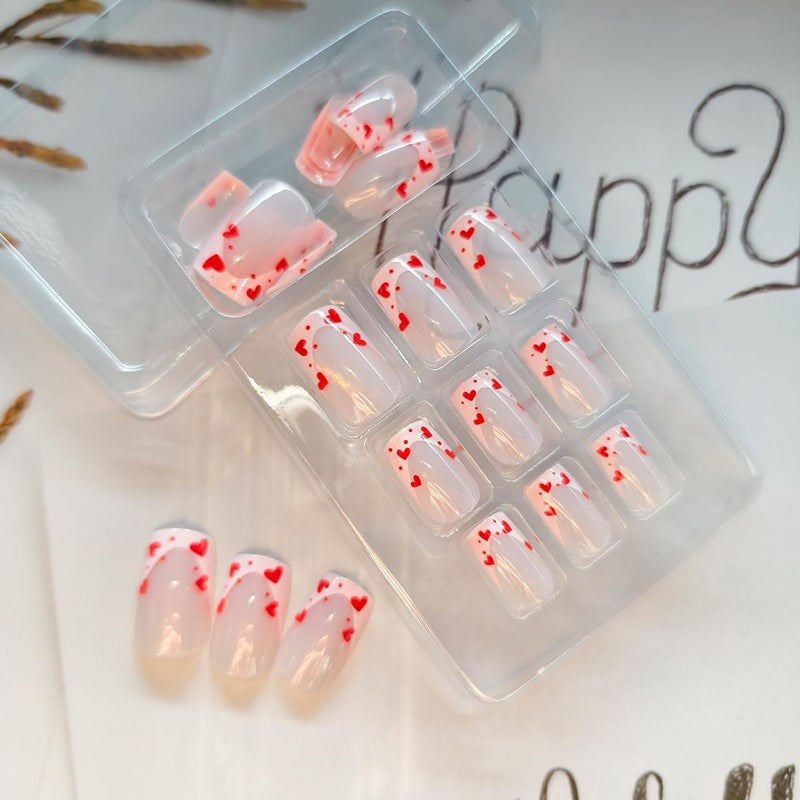 OSTTMA 24Pcs Valentines Press on Nails Short Square Fake Nails with Heart Designs French Tip Acrylic False Nails Full Cover Love Hearts Nails Tips Glue on Nails Valentine Nail Art Decorations for Women Girls - Image 3